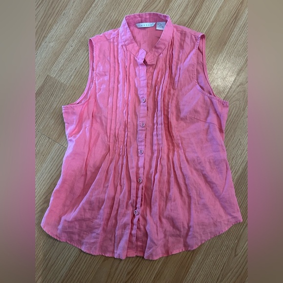 Tweeds Women’s Medium 100% Linen Button Up Tank Pleated Tied Back Shirt - Picture 1 of 4
